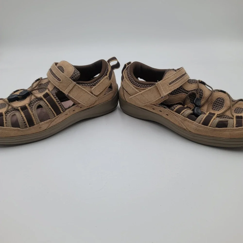 Orthofeet 77873 Womens 11‎ Wide Tan Leather Mesh Fisherman Sandals Bungee Strap